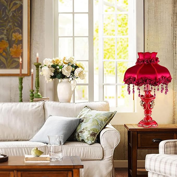 Red victorian wedding table lamp with beads