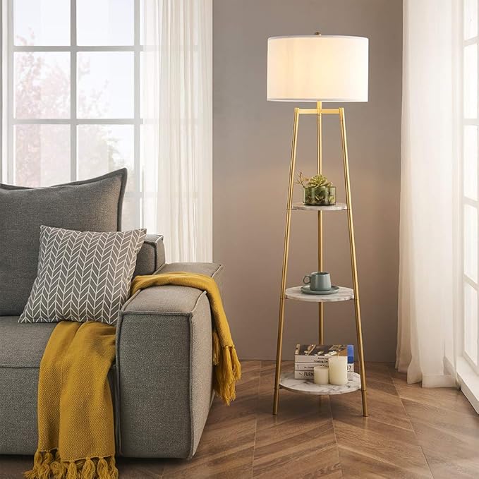 Boho Floor Lamp with Faux Marble Shelves for Living Room