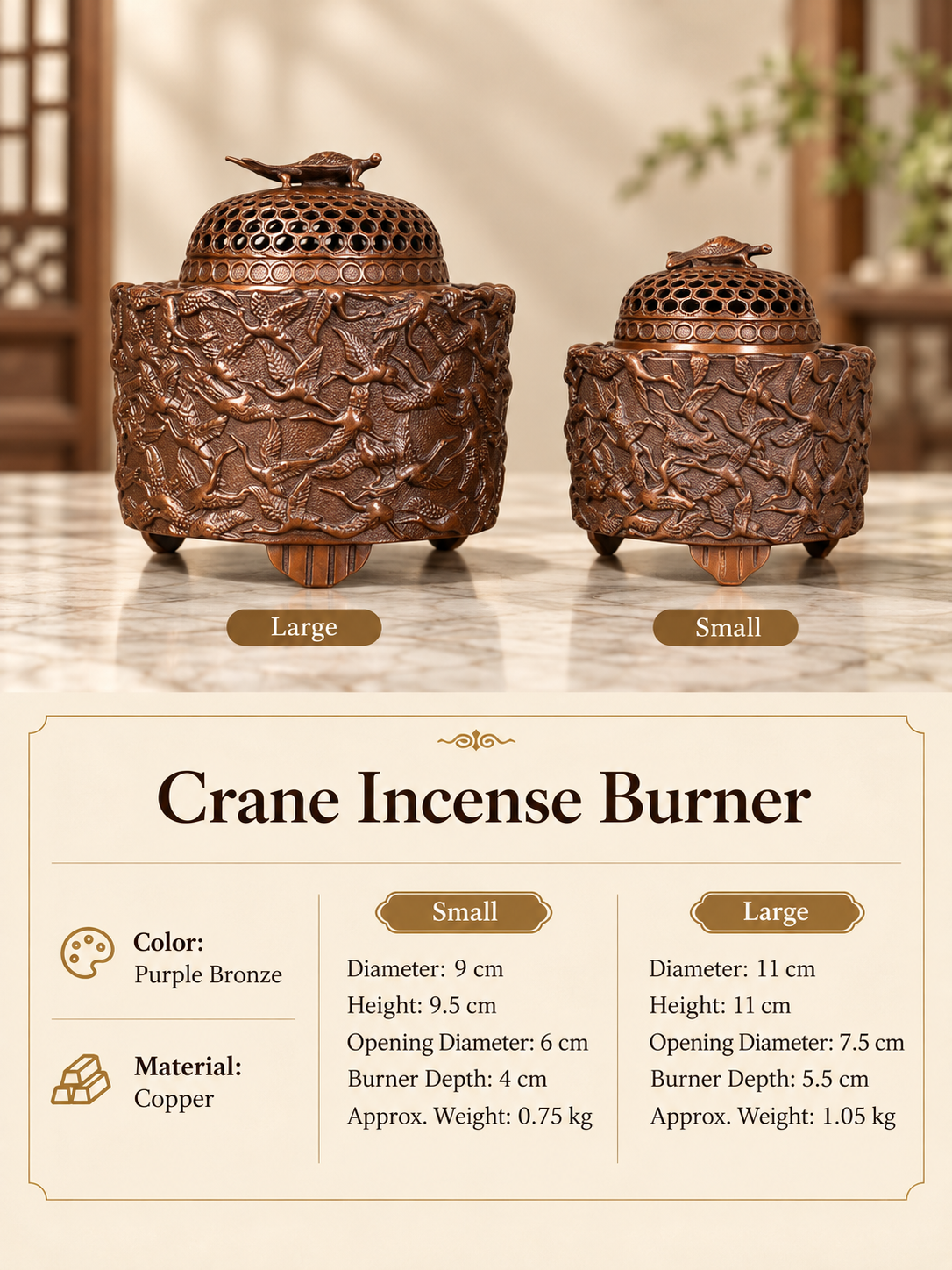 Copper Incense Burner with Crane Design and Decorative Pierced Lid