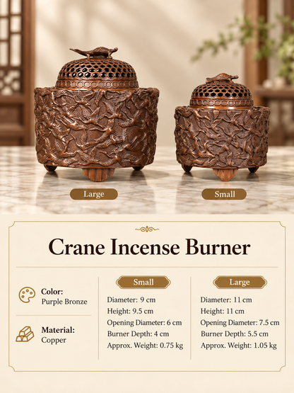 Copper Incense Burner with Crane Design and Decorative Pierced Lid