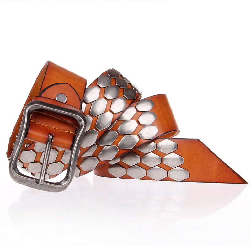 Hex Stud Punk Men Leather Belt