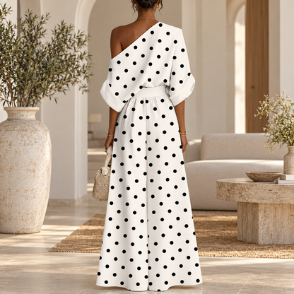 Polka Dot Pants Set with Asymmetrical Top and Wide Leg Trousers