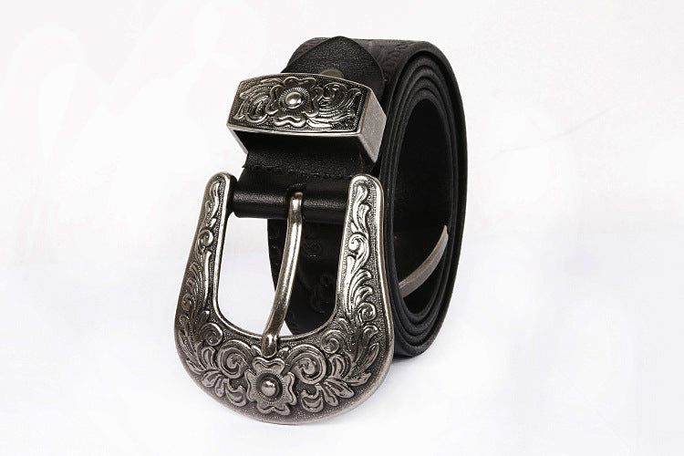 Embossed Genuine Leather Western Belt with Antique Buckle