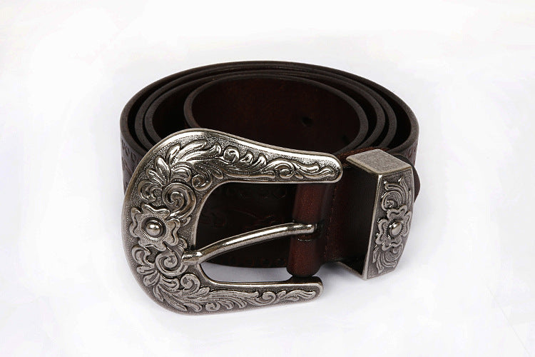 Embossed Genuine Leather Western Belt with Antique Buckle