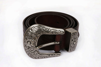 Embossed Genuine Leather Western Belt with Antique Buckle