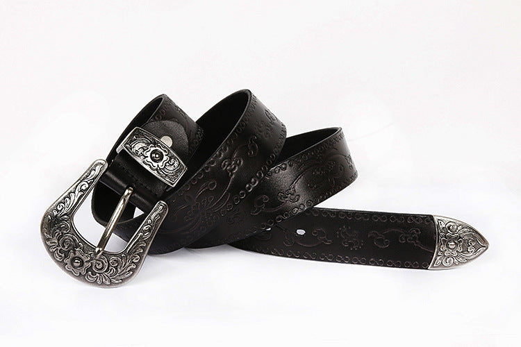 Embossed Genuine Leather Western Belt with Antique Buckle