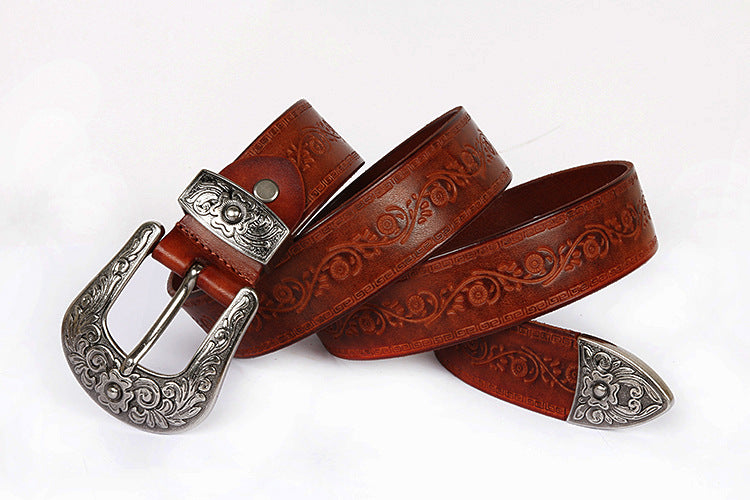 Embossed Genuine Leather Western Belt with Antique Buckle