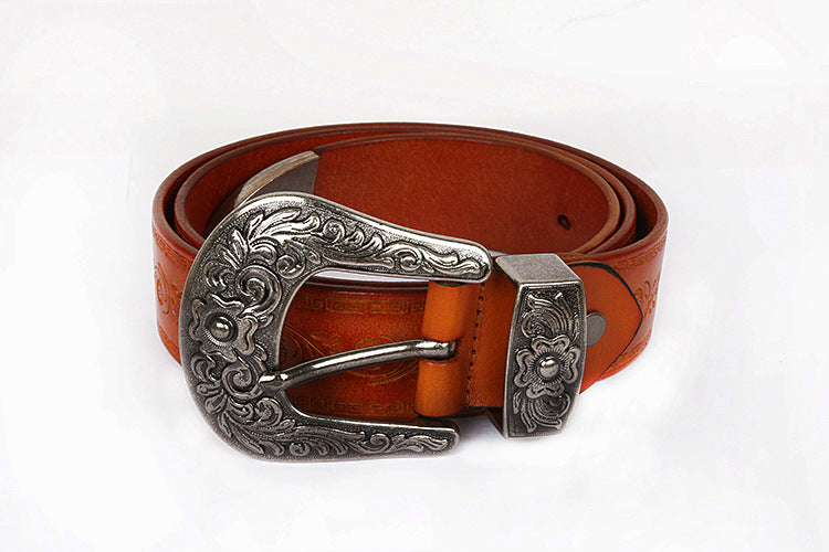 Embossed Genuine Leather Western Belt with Antique Buckle