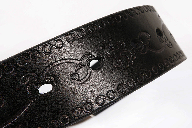 Embossed Genuine Leather Western Belt with Antique Buckle