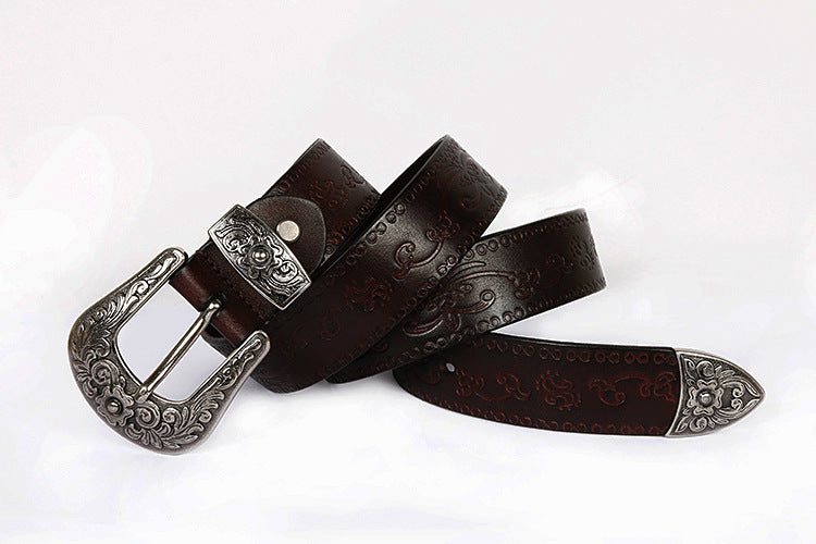 Embossed Genuine Leather Western Belt with Antique Buckle