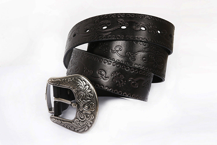 Embossed Genuine Leather Western Belt with Antique Buckle