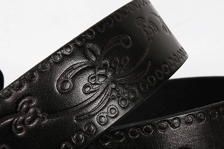 Embossed Genuine Leather Western Belt with Antique Buckle