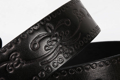 Embossed Genuine Leather Western Belt with Antique Buckle