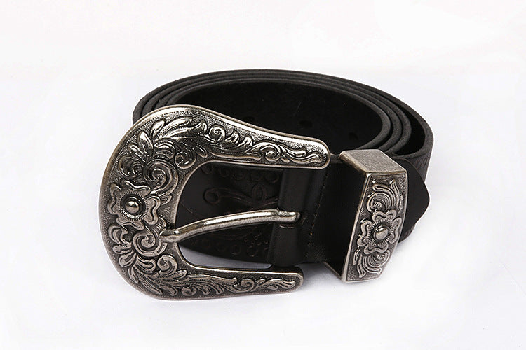 Embossed Genuine Leather Western Belt with Antique Buckle