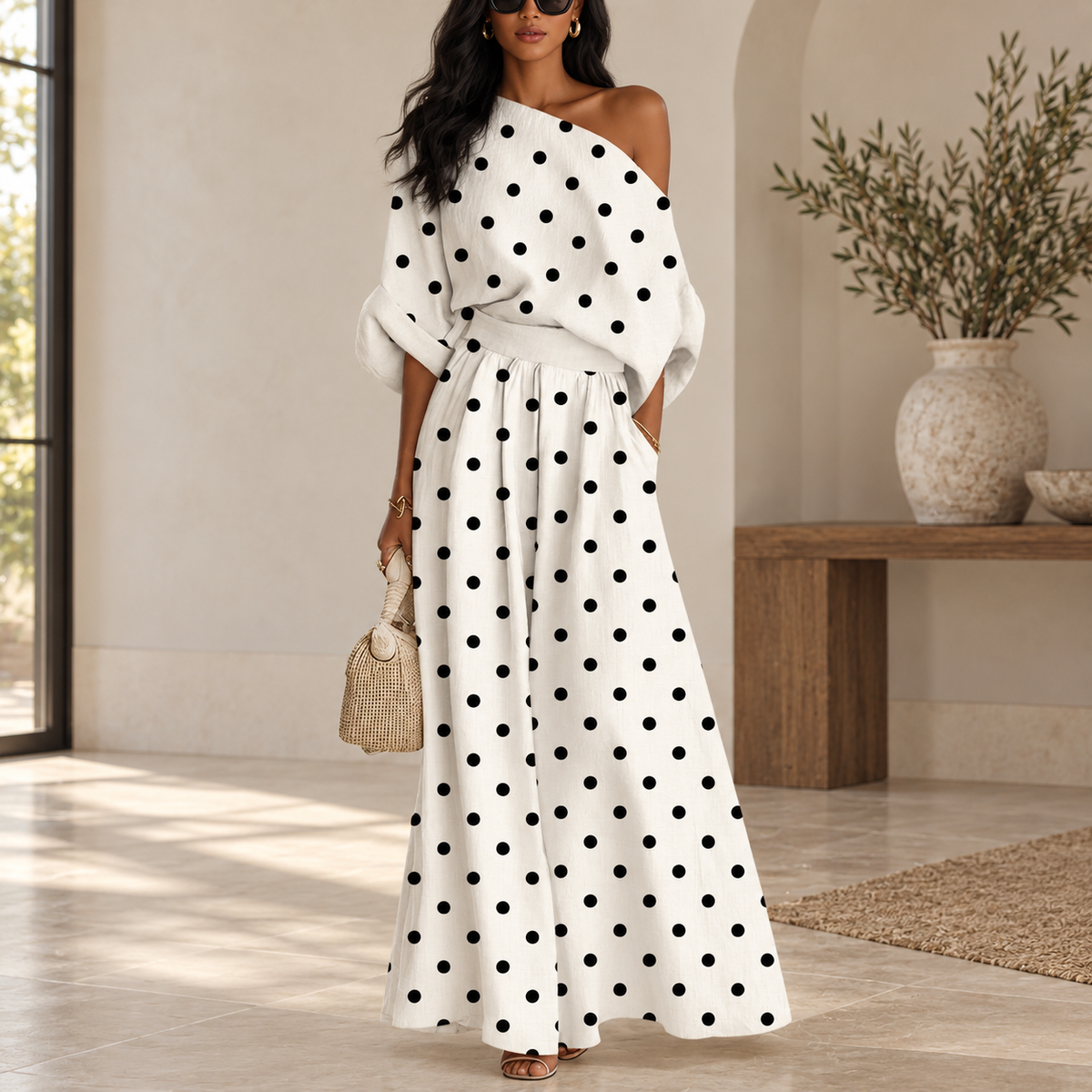 Polka Dot Pants Set with Asymmetrical Top and Wide Leg Trousers