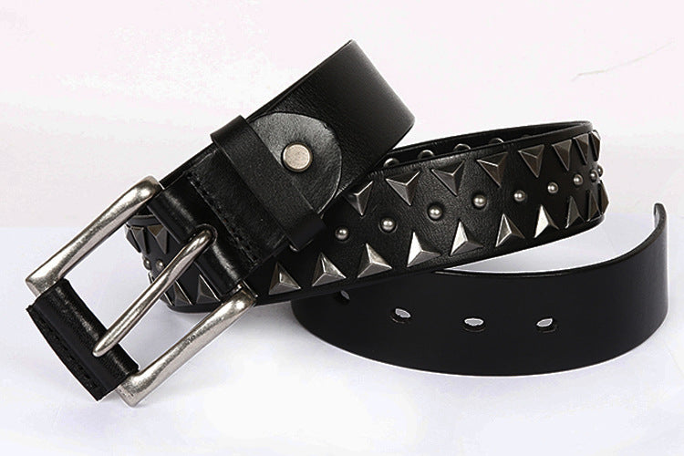 Black Genuine Leather Punk Belt with Rivets