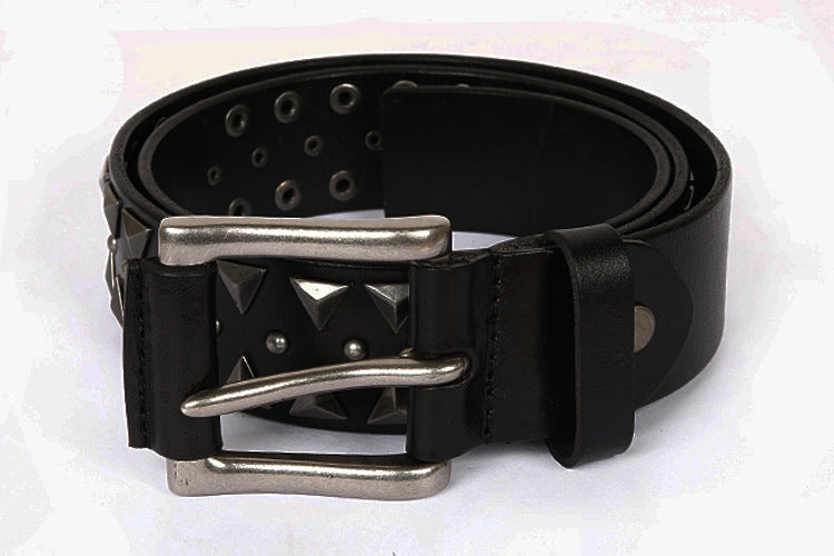Black Genuine Leather Punk Belt with Rivets