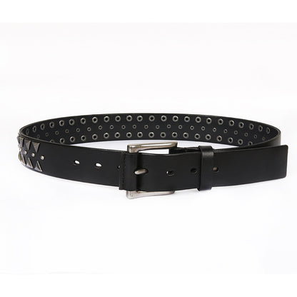 Black Genuine Leather Punk Belt with Rivets