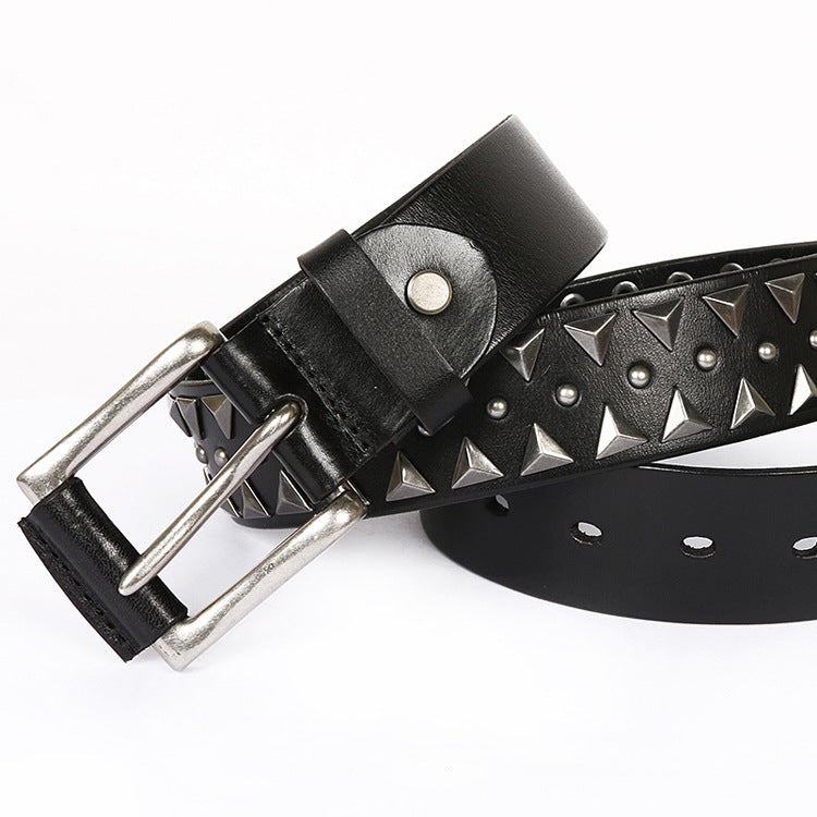 Black Genuine Leather Punk Belt with Rivets