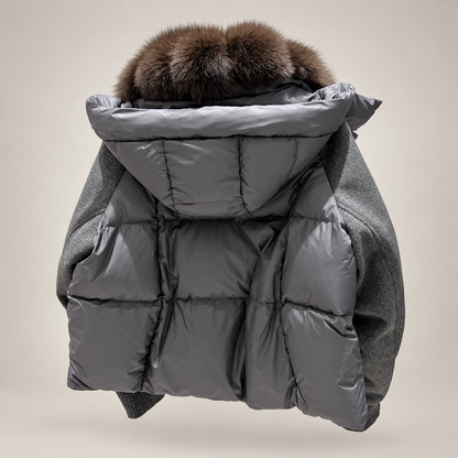 Fur Collar Jacket for Women with Duck Down and Wool Sleeves