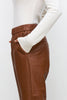 Women Brown Cropped Leather Pants Elastic Waist