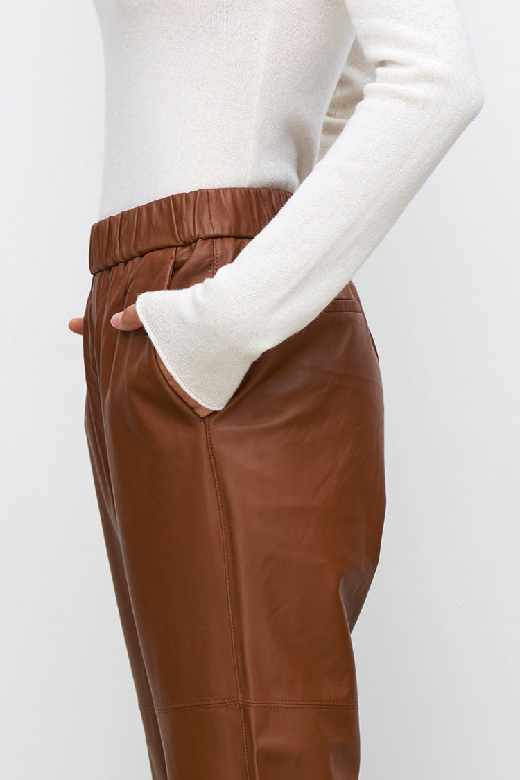 Women Brown Cropped Leather Pants Elastic Waist