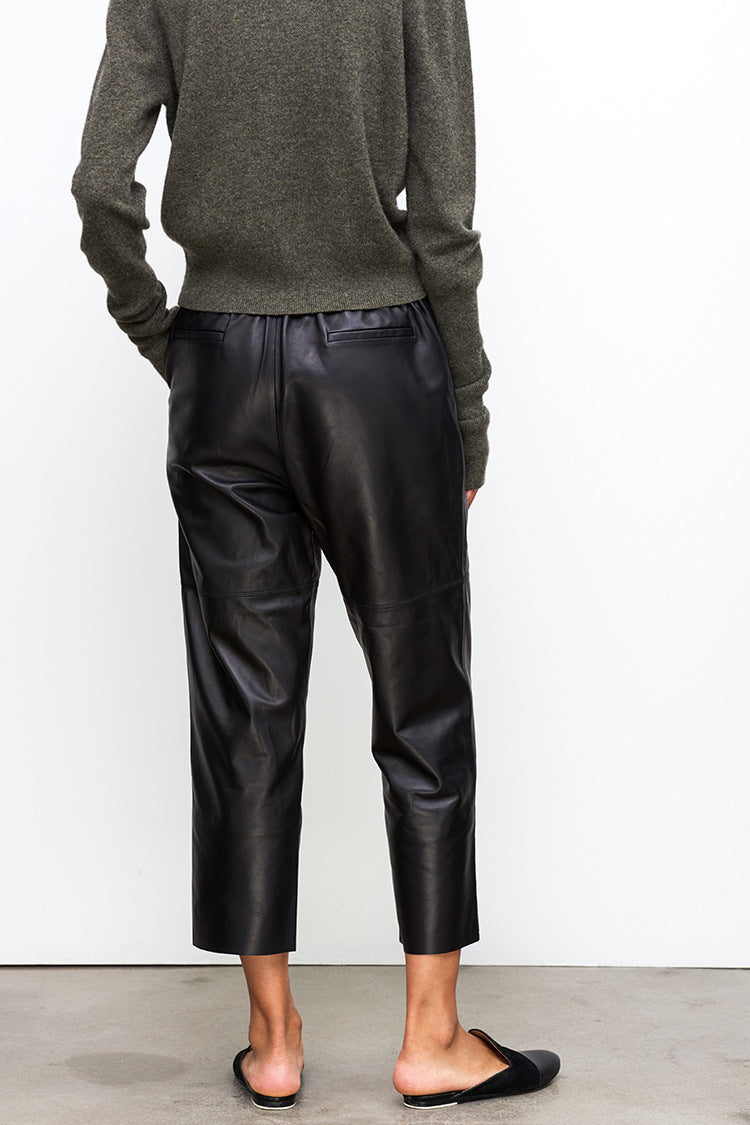 Women Brown Cropped Leather Pants Elastic Waist