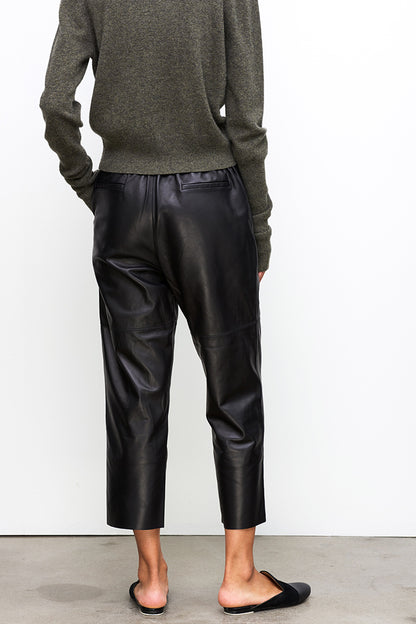 Women Brown Cropped Leather Pants Elastic Waist