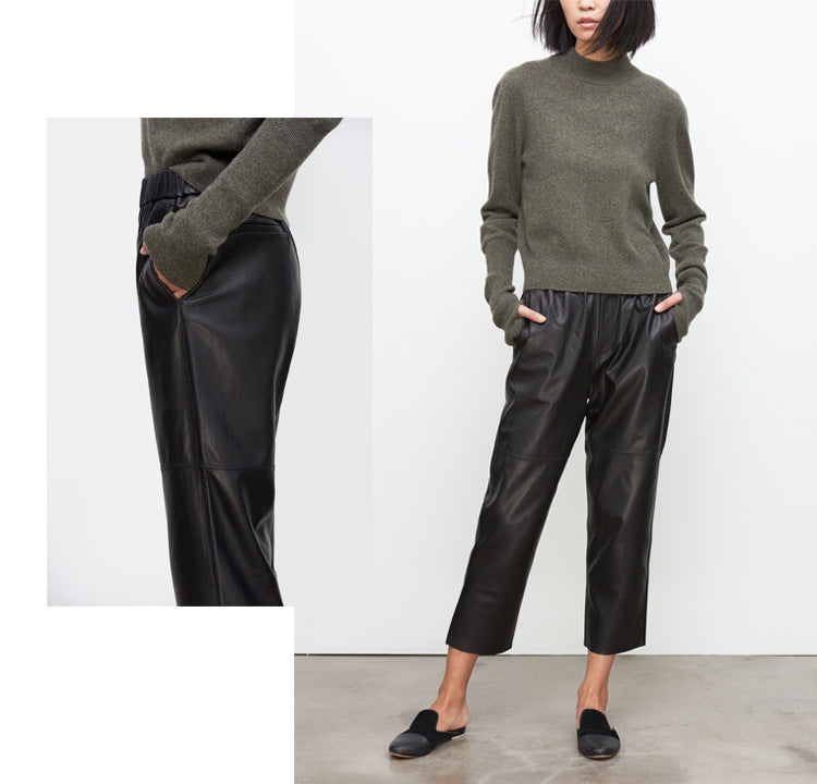 Women Brown Cropped Leather Pants Elastic Waist