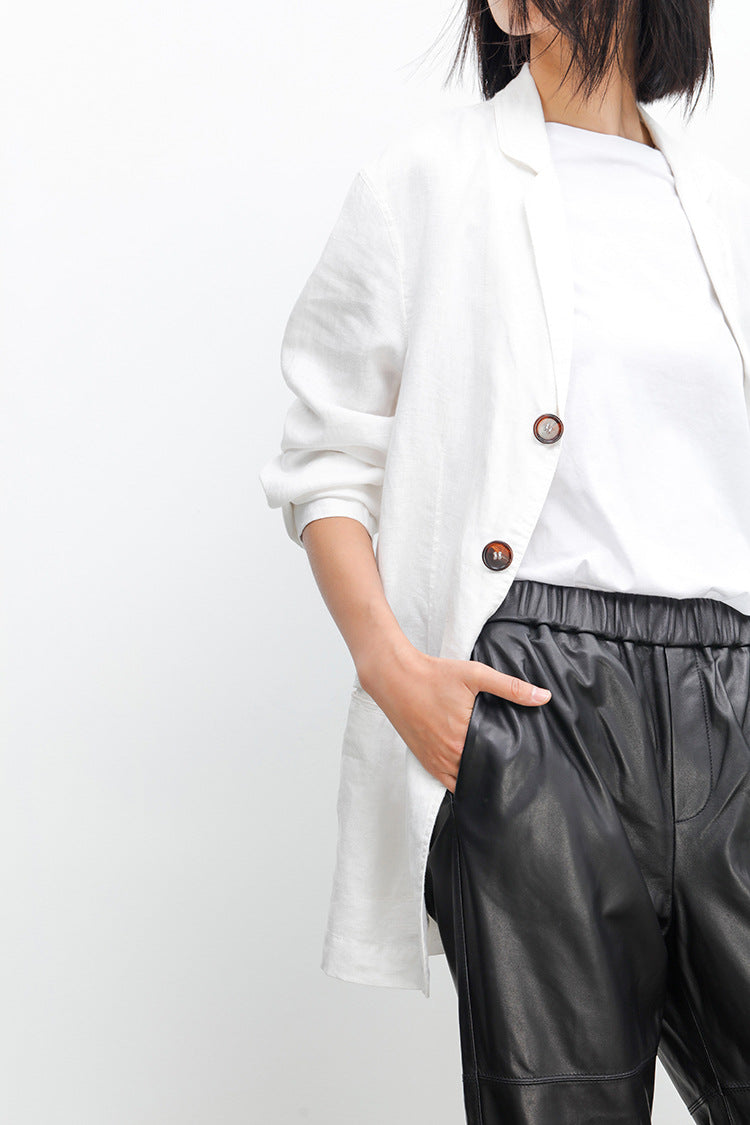 Women Brown Cropped Leather Pants Elastic Waist