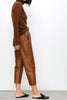 Women Brown Cropped Leather Pants Elastic Waist