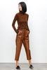 Women Brown Cropped Leather Pants Elastic Waist