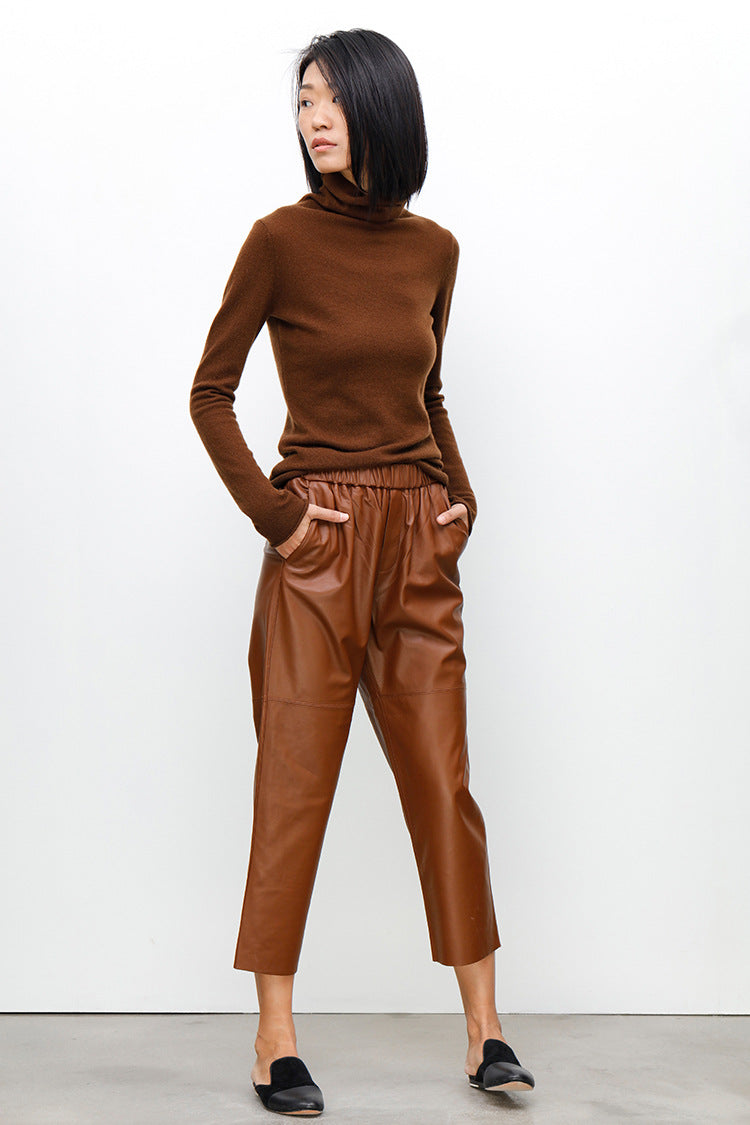 Women Brown Cropped Leather Pants Elastic Waist