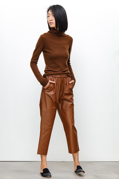 Women Brown Cropped Leather Pants Elastic Waist