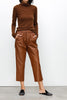 Women Brown Cropped Leather Pants Elastic Waist