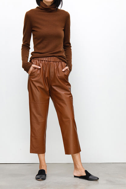 Women Brown Cropped Leather Pants Elastic Waist