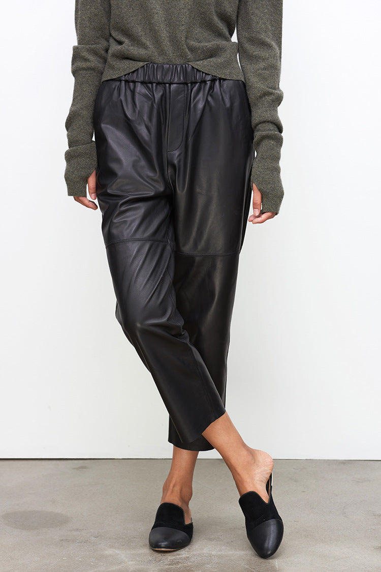 Women Brown Cropped Leather Pants Elastic Waist