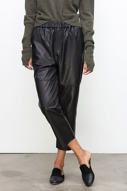 Women Brown Cropped Leather Pants Elastic Waist