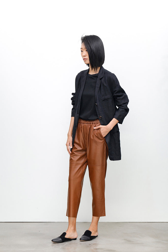 Women Brown Cropped Leather Pants Elastic Waist