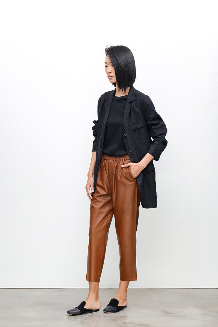 Women Brown Cropped Leather Pants Elastic Waist