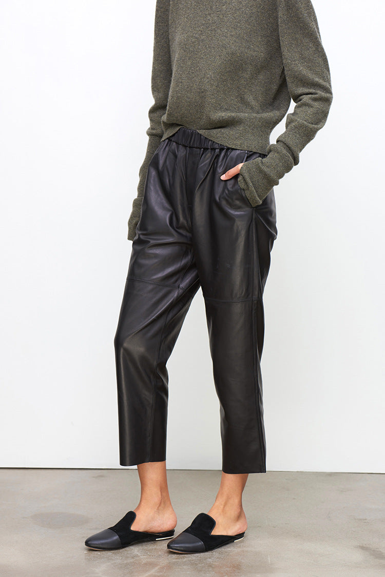 Women Brown Cropped Leather Pants Elastic Waist