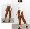 Women Brown Cropped Leather Pants Elastic Waist