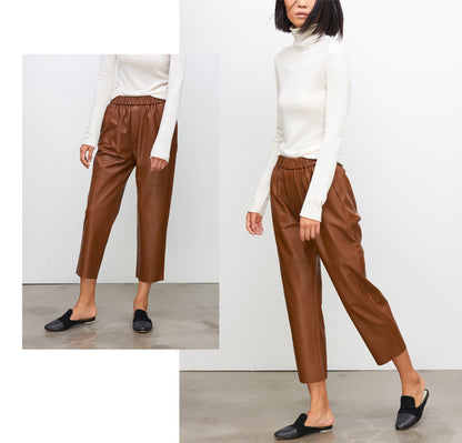 Women Brown Cropped Leather Pants Elastic Waist