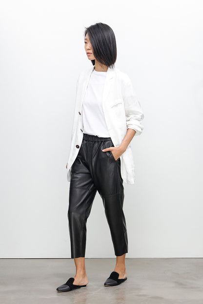 Women Brown Cropped Leather Pants Elastic Waist