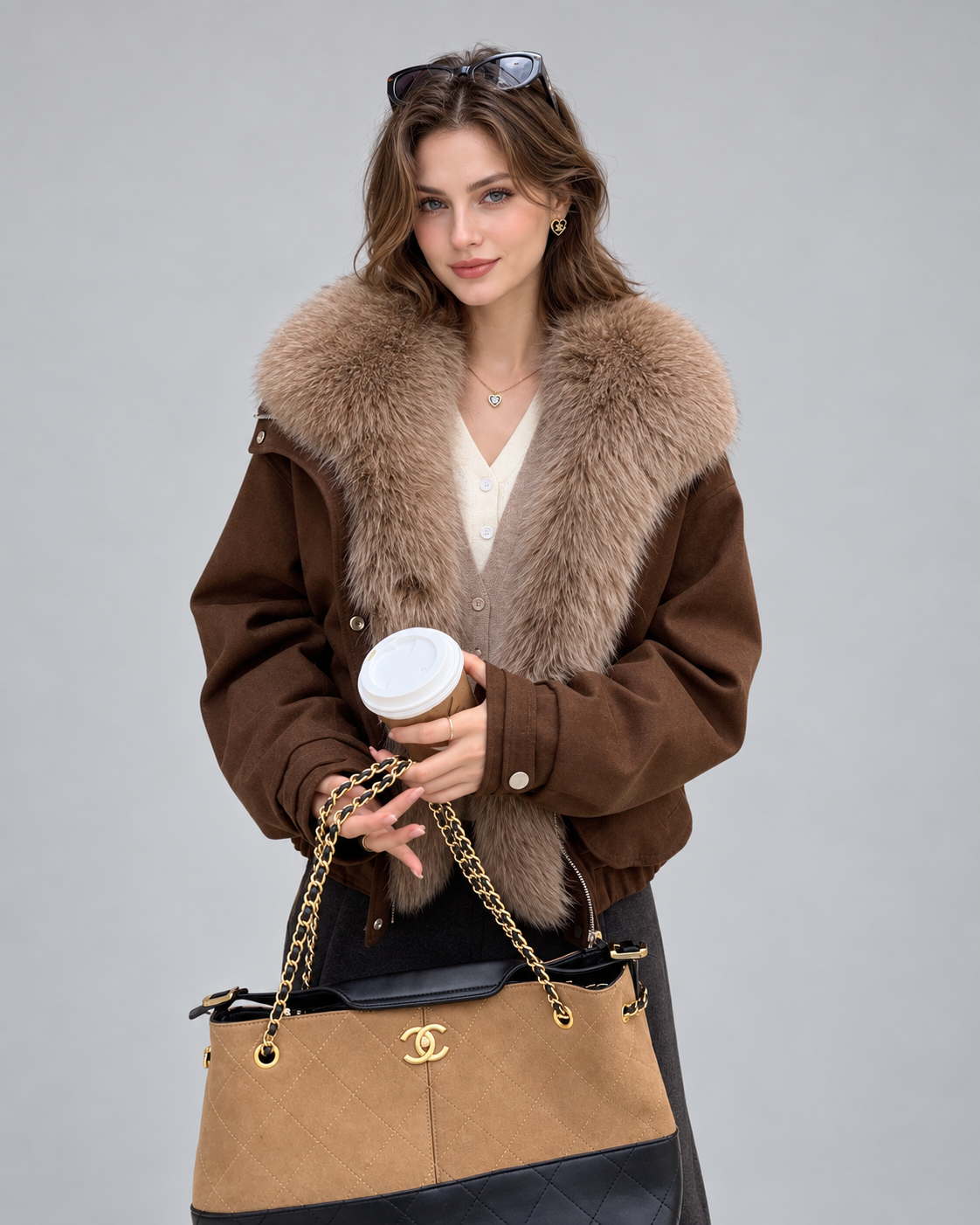 Women’s Brown Leather Jacket With Fur Collar for Winter