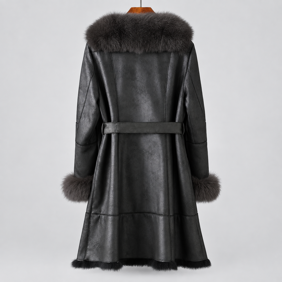 Women's Long Winter Coat Black Belted Oversized Collar Design