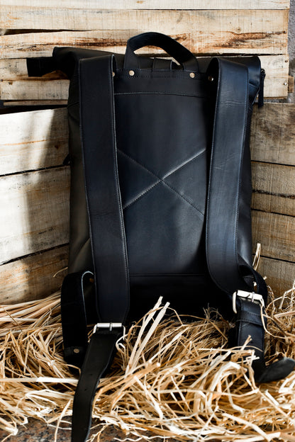 Real leather roll top backpack rucksack