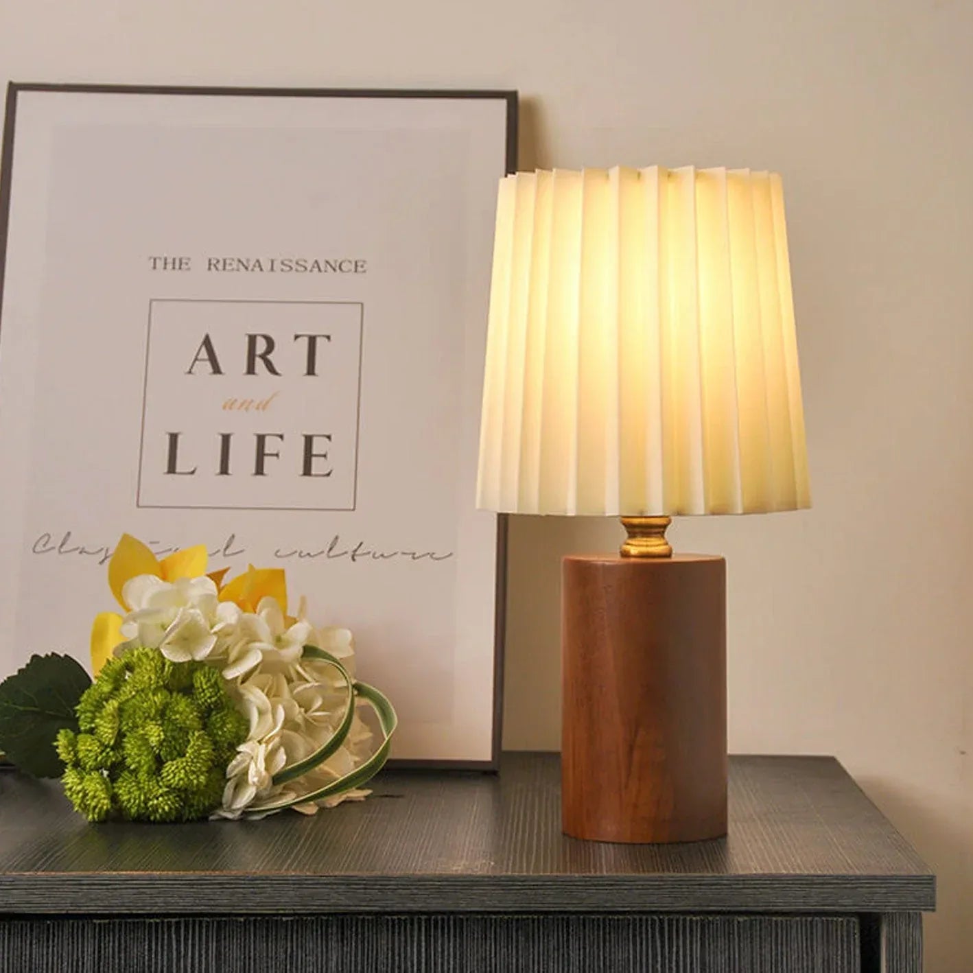 Vintage pleated wood column table lamp