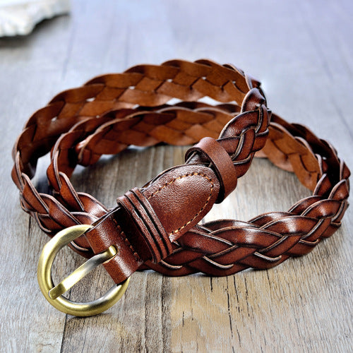 Slim Brown Braided Leather Waist Belt with Gold Buckle