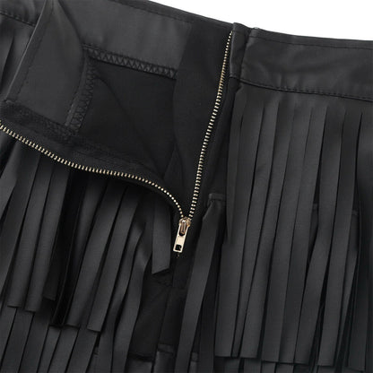 Women Real Leather Fringe Skirt